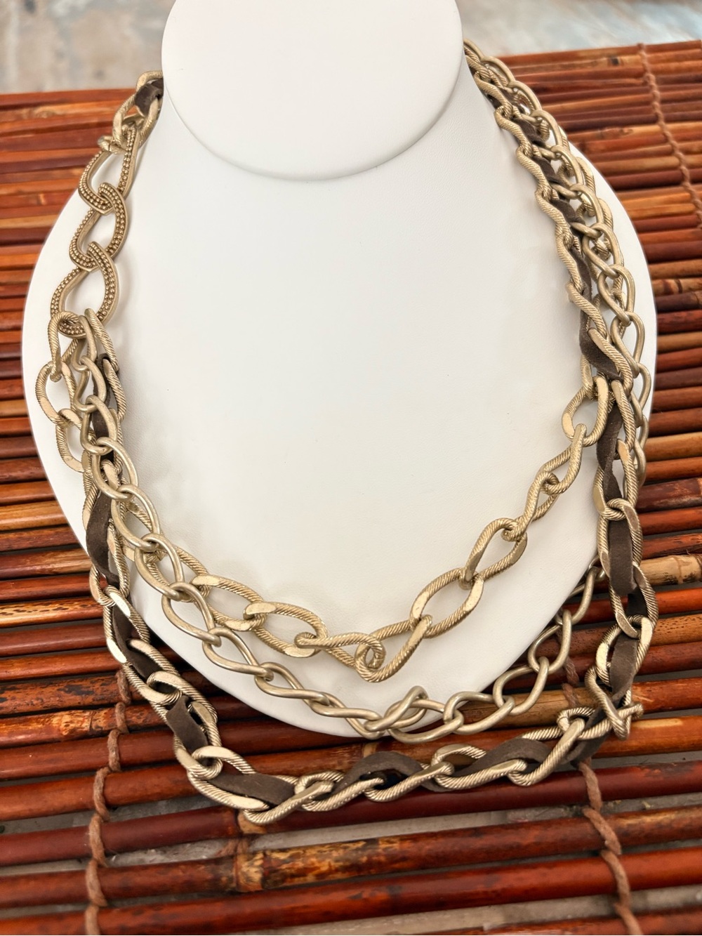 LC Lauren Conrad Gold-Tone Layered Chain Necklace with Brown Ribbon 25”-28”